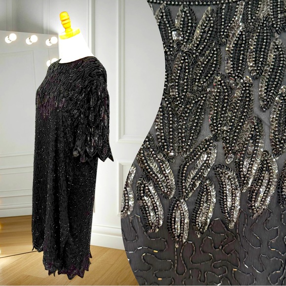 Vintage Dresses & Skirts - Vintage Laurence Kazar NY Beaded Black Silk Dress | 3X Plus Size Evening Glam
